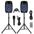 Pair Alphasonik All-in-one 10" Powered 1000W PRO DJ Amplified Loud Speakers with Bluetooth USB SD Card AUX MP3 FM Radio PA System LED Lights Karaoke Mic Guitar Amp 2 Tripod Stands Cable and Microphone